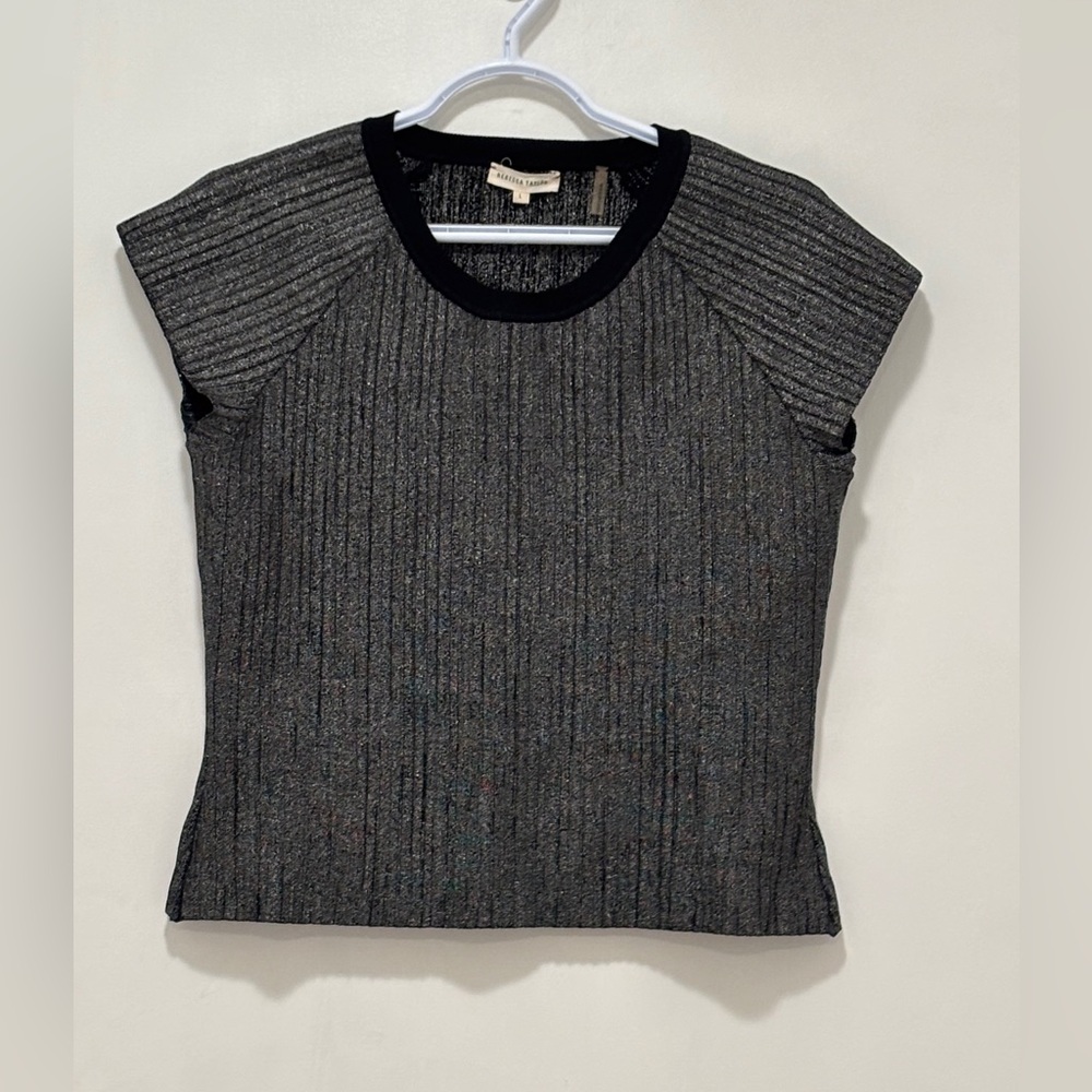 Rebecca Taylor Lurex Black Metallic Ribbed Short Sleeve Top